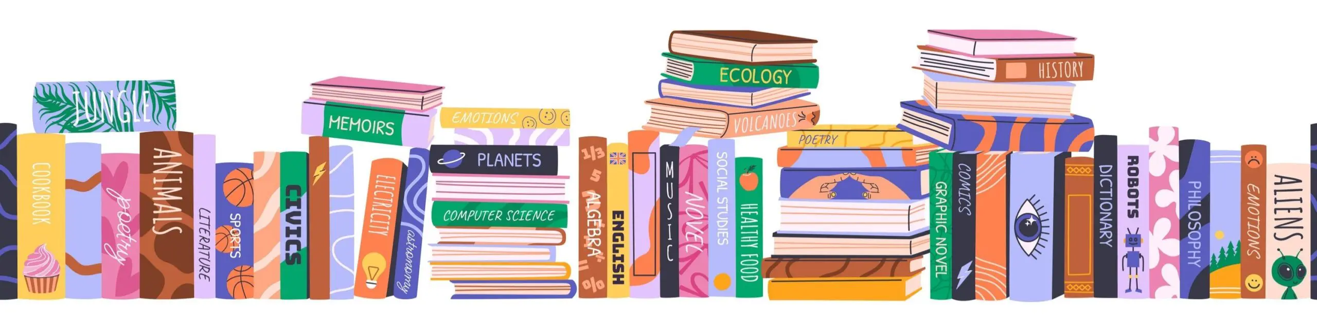 Border with stacks of various books. Seamless horizontally. Home library collection with educational literature, novels, storybooks for Back to School, libraries, book fairs or World Book Day. Vector.