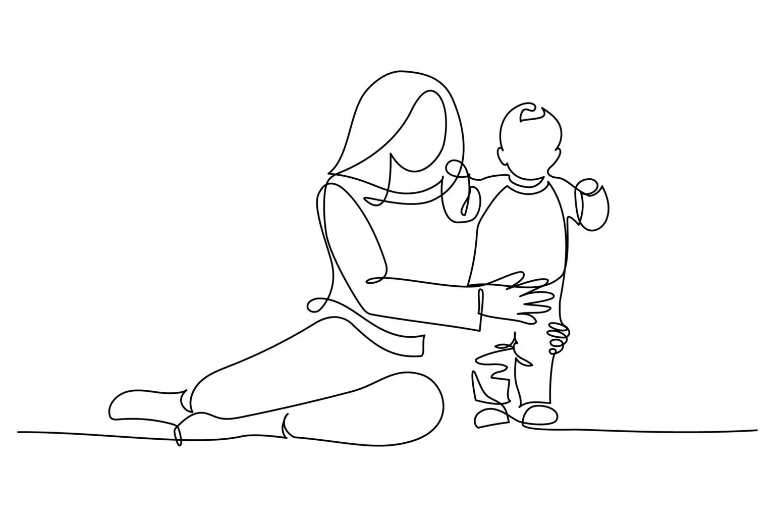 Happy mom with her little son in continuous line art drawing style. Mother assisting her toddler child. Minimalist black linear sketch isolated on white background.