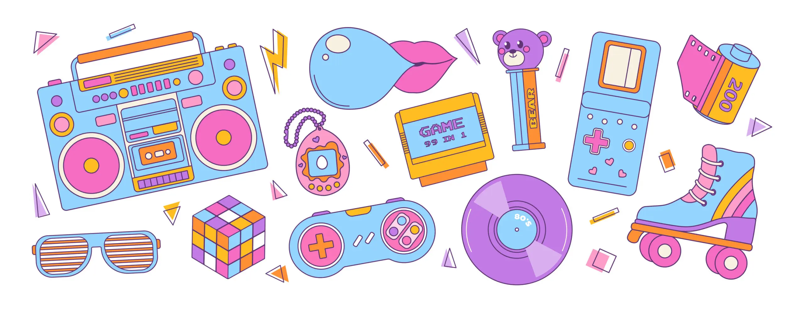 Set of colorful elements 80s 90s, retro badge, emblem, fashionable patch. Game, sunglasses, boombox and roller. Vector trendy illustration.
