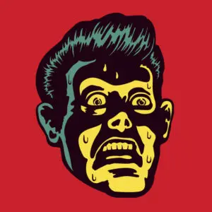 Vintage frightened man with scared and terrified face expression looking at something disturbing or mind-blowing, distracted with fear