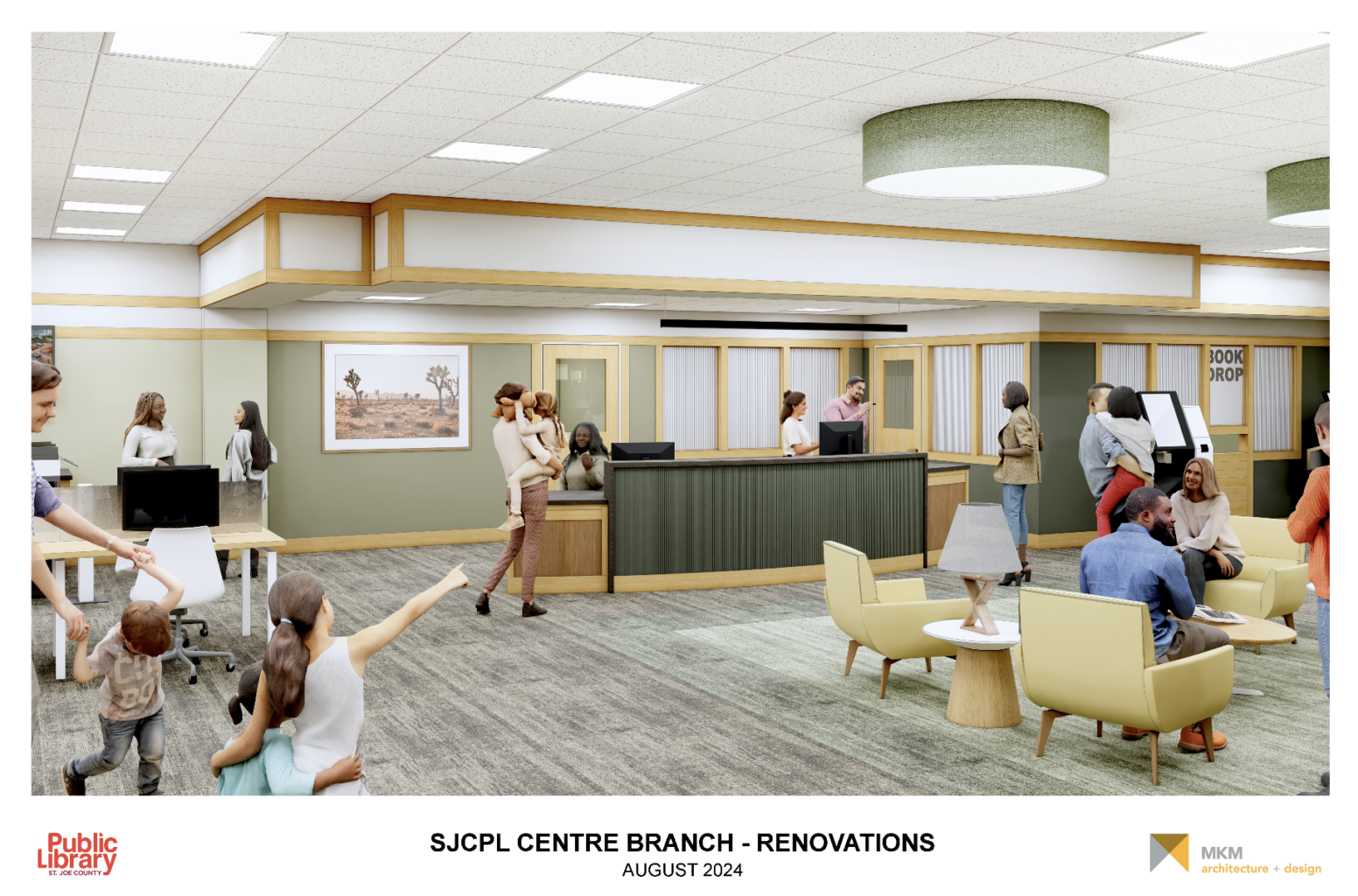 Rendering of the renovated Centre Branch of St. Joseph County Public Library. The space features a modern customer service desk where two staff members are assisting patrons. There are various seating areas with patrons, including a parent holding a child and others using library resources. Light green and beige colors are prominent in the decor, with wooden accents on the walls and around the desk area.